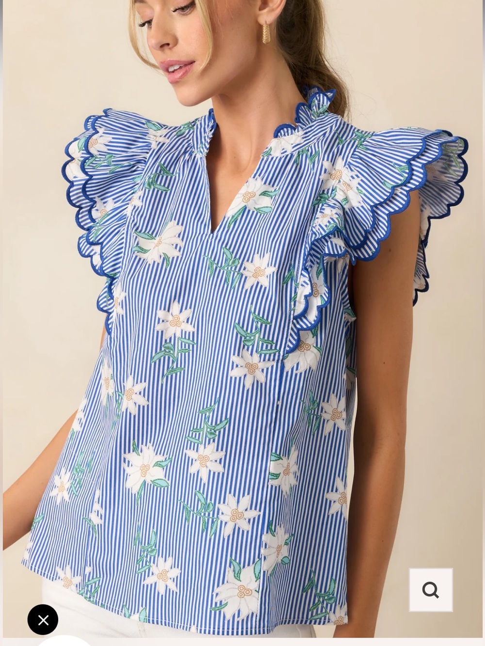 👗Entro Blue Floral Stripe Ruffled Sleeve Women's Top